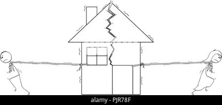 Caricature de couple brisés dans une mauvaise relation après le divorce est la division en deux parties de la chambre Illustration de Vecteur