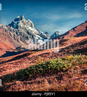 Matin d'automne dans les montagnes du Caucase. Haut Svaneti, Caucase Principale Ridge, Georgia, l'Europe. Instagram tonifiant. Octobre 2015. Banque D'Images