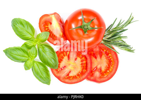 Légumes Tomates tomates au basilic de dessus isolé sur fond blanc Banque D'Images