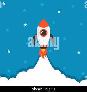 Cartoon rocket space ship icône dans télévision style. Illustration vecteur de vaisseau blanc sur fond isolé. Rocket start business concept. Illustration de Vecteur