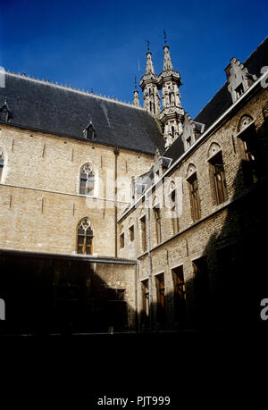 L'arrière de l'hôtel de ville de Louvain, capitale de la province de Flandre-Orientale (Belgique, 09/1993) Banque D'Images