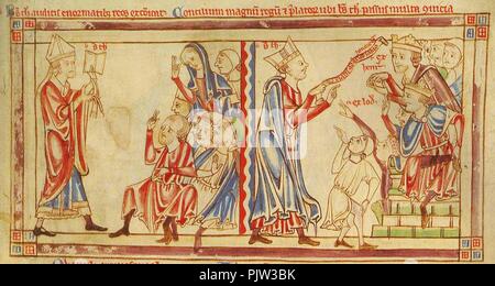 Becket excommunie le coupable, et rencontre les rois - Feuilles Becket (c.1220-1240), f. 2r - BL MS 88 prêts.
