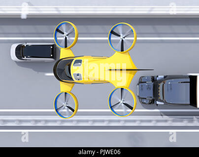 Vue aérienne de passagers orange Taxi Drone survolant la conduite de camions sur l'autoroute. Le rendu 3D image. Banque D'Images