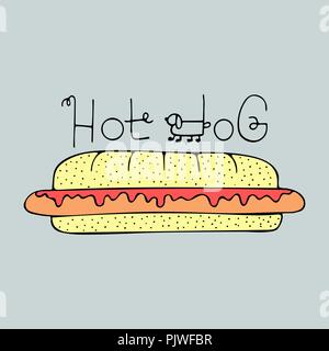 Drôle illustration dessinée à la main avec hot dogs et de lettrage. Illustration de Vecteur