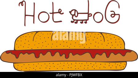 Drôle illustration dessinée à la main isolé avec hot dogs et de lettrage. Illustration de Vecteur