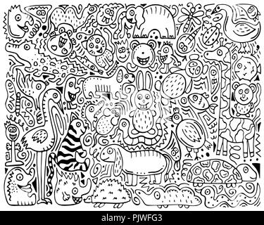 Doodle avec l'affiche de monochrome à la main les animaux de zoo. Illustration de Vecteur