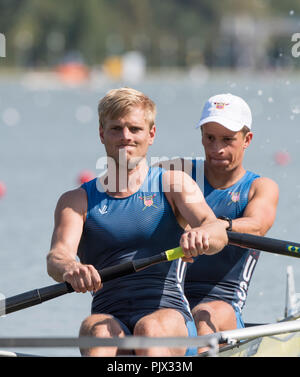 Plovdiv, Bulgarie, dimanche 9 septembre 2018. Championnats du monde d'Aviron de la FISA, USA, M2- , Arc, Michael COLELLA et Anders WEISS, © Peter SPURRIER, Alamy Live News, Banque D'Images