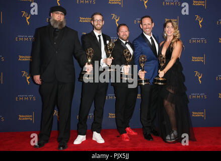 Los Angeles, CA, USA. Sep 8, 2018. Jason Dotts, Trevor Gates, David Barbee, Jordanie McClain, Geordy Sincavage. Michael, Tara Blume, au Creative Arts Emmy 2018 Awards-Press prix lors du Microsoft Theatre L.A. Vivre à Los Angeles, Californie le 8 septembre 2018. Credit : Faye Sadou/media/Alamy Punch Live News Banque D'Images