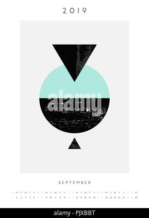 Version imprimable Septembre 2019 Format A4 modèle de calendrier. Composition abstraite avec des formes géométriques texturées en noir, gris et bleu clair. Et minimaliste Illustration de Vecteur
