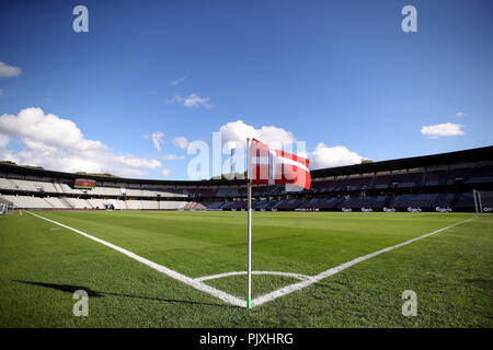 Un poteau de coin du pavillon du Danemark dans le stade avant l'ONU, Ligue Ligue B Groupe 4 match au parc Cérès, Aarhus Banque D'Images