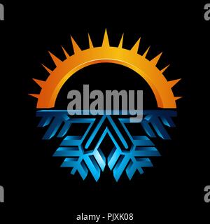 Signe rond Chaud et froid. Température à l'icône. Soleil et style de ligne flocon de symboles avec des pièces rouges et bleus de cercle. Logo météo climatique Illustration de Vecteur