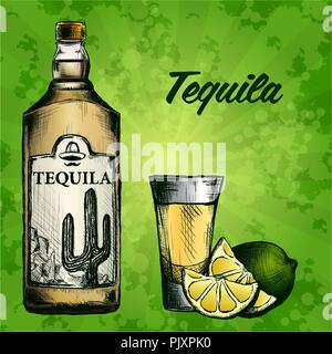 Bouteille de tequila avec de la chaux et de verre peint à la main. Illustration de Vecteur