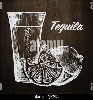 Bouteille de tequila avec de la chaux et de verre peint à la main. Illustration de Vecteur