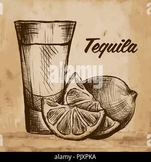 Bouteille de tequila avec de la chaux et de verre peint à la main. Illustration de Vecteur