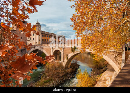 L'automne et le feuillage à Rome. Les feuilles rouges et jaunes près de l'île du Tibre à l'ancien pont romain, dans le centre historique de la ville Banque D'Images