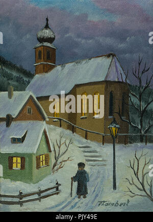 Les peintures à l'huile - maisons et une église en hiver avec la lumière dans les fenêtres Banque D'Images
