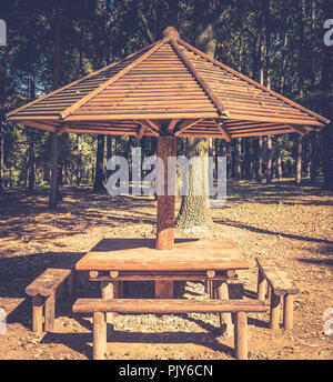 Site de pique-nique avec table et bancs en bois en forêt d'automne Kosutnjak Belgrade Serbie effet brume Banque D'Images