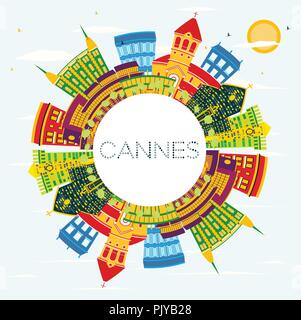 Cannes France Ville avec des bâtiments, de couleur bleu ciel et l'espace de copie. Vector Illustration. Illustration de Vecteur