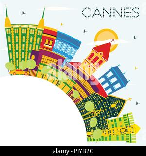 Cannes France Ville avec des bâtiments, de couleur bleu ciel et l'espace de copie. Vector Illustration. Illustration de Vecteur