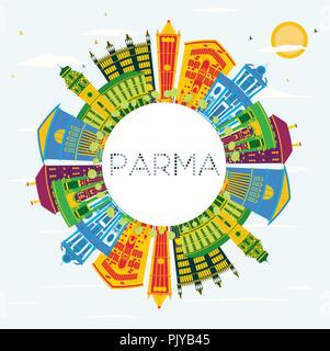 Parma Italie Ville avec des bâtiments de couleur, ciel bleu et copier l'espace. Vector Illustration. Illustration de Vecteur