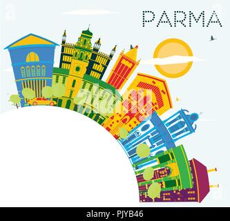 Parma Italie Ville avec des bâtiments de couleur, ciel bleu et copier l'espace. Vector Illustration. Illustration de Vecteur