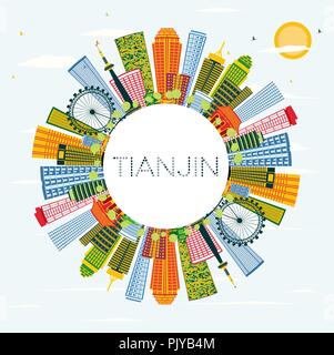 La Chine Tianjin City Skyline avec les bâtiments, de couleur bleu ciel et l'espace de copie. Vector Illustration. Illustration de Vecteur