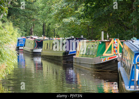 Colourfull narrowboats amarré sur le canal de Llangollen près de Llangollen, Wales, UK Banque D'Images