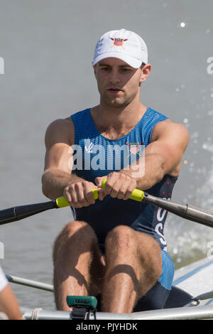 Plovdiv, Bulgarie, dimanche 9 septembre 2018. Championnats du monde d'aviron, la FISA, USA, M1X , Kevin MEADOR, au début de sa chaleur dans le skiff Hommes, © Peter SPURRIER, Alamy Live News, Banque D'Images