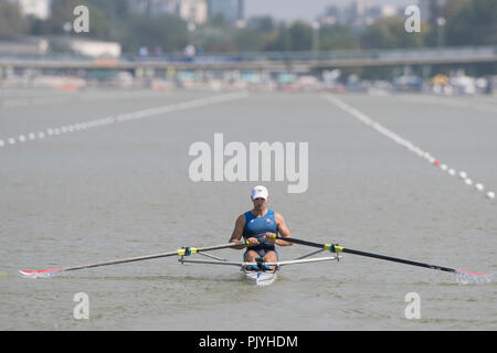 Plovdiv, Bulgarie, dimanche 9 septembre 2018. Championnats du monde d'aviron, la FISA, USA, M1X , Kevin MEADOR, au début de sa chaleur dans le skiff Hommes, © Peter SPURRIER, Alamy Live News, Banque D'Images