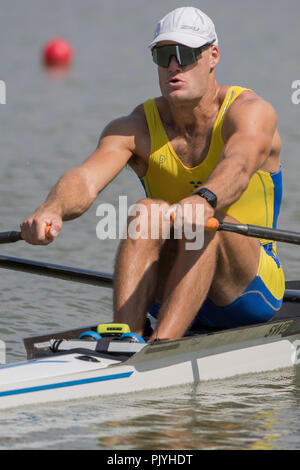 Plovdiv, Bulgarie, dimanche 9 septembre 2018. Championnats du monde d'Aviron de la FISA, SWE, M1X., Anders, BACKEUS au début de sa chaleur dans le skiff Hommes, © Peter SPURRIER, Alamy Live News, Banque D'Images