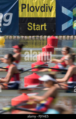 Plovdiv, Bulgarie, dimanche 9 septembre 2018. Championnats du monde d'aviron, la FISA, début d'une chaleur de la légèreté des femmes, deux de couple, © Peter SPURRIER, Alamy Live News, Banque D'Images