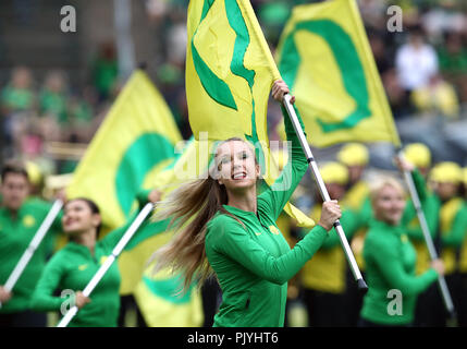 Oregon USA. Sep 8, 2018. La Fanfare de l'Oregon effectue avant le début de la NCAA football match entre l'état de Portland Vikings et l'Oregon Ducks at Autzen Stadium, Eugene, OR. Larry C. Lawson/CSM/Alamy Live News Banque D'Images