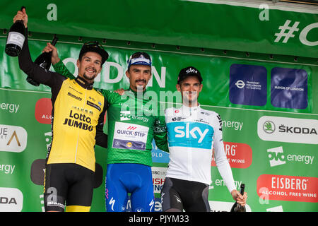 Londres, Royaume-Uni. 9 Septembre, 2018. Julian Alaphilippe de délicieuses étages remporte le Tour de l'Énergie 2018 OVO de Grande-Bretagne à la suite de la 77km London (Etape 8). L'équipe Sky's Wout Poels a terminé deuxième au classement général et ancien chef de l'énergie OVO Maillot Vert Primoz Roglic a terminé troisième. Credit : Mark Kerrison/Alamy Live News Banque D'Images