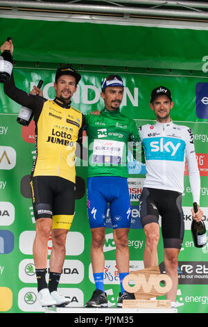 Londres, Royaume-Uni. 9 Septembre, 2018. Julian Alaphilippe de délicieuses étages remporte le Tour de l'Énergie 2018 OVO de Grande-Bretagne à la suite de la 77km London (Etape 8). L'équipe Sky's Wout Poels a terminé deuxième au classement général et ancien chef de l'énergie OVO Maillot Vert Primoz Roglic a terminé troisième. Credit : Mark Kerrison/Alamy Live News Banque D'Images