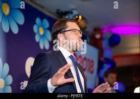 Stockholm, Suède, le 9 septembre 2018. Élection générale 2018 suédois. Election Night Watch pour la Suède Parti démocrate (SD) dans le centre de Stockholm, Suède.chef de parti Jimmie Akesson (SD). Credit : Barbro Bergfeldt/Alamy Live News Banque D'Images