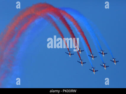 Kleine Brogel. 10 Sep, 2018. L'équipe de voltige "Patrouille de France" effectuer au cours de la Journée de la Force Aérienne belge à la base aérienne de Kleine Brogel en Belgique, le 9 septembre 2018. Credit : Wang XiaoJun) (dtf/Xinhua/Alamy Live News Banque D'Images