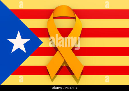 Ruban jaune sur le drapeau catalan. Concept de l'indépendance de la Catalogne, rendu 3D isolé sur fond blanc Banque D'Images