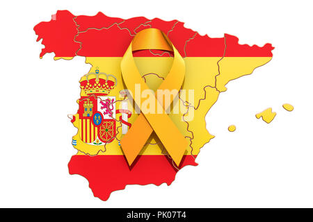 Ruban jaune sur la carte espagnole. Concept de l'indépendance de la Catalogne, rendu 3D isolé sur fond blanc Banque D'Images