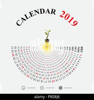 2019 Modèle de calendrier avec l'icône ampoule idée.demi-cercle.Calendrier 2019 Calendrier Série de 12 mois.Calendrier de l'année modèle de conception de scénario. Illustration de Vecteur