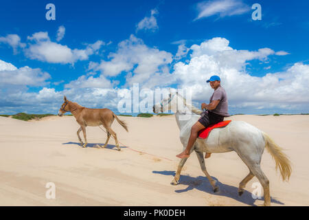 Lençois Maranhenses, Brésil - 4 mai 2018 - Local à cheval, une pousser d'autres l'un à l'Lençois Maranhenses parc National au Brésil Banque D'Images