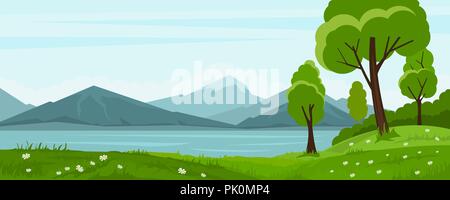 Paysage d'été avec des arbres et lac et montagne Illustration de Vecteur