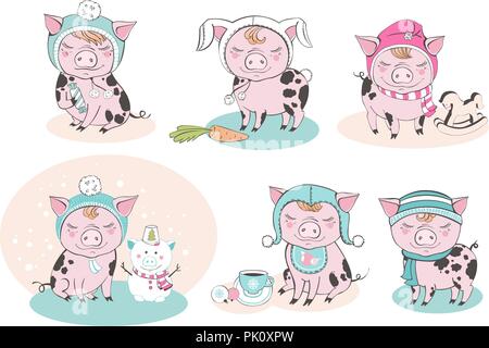 Jeu de caractères de dessin animé cochon mignon. Symbole chinois de l'année 2019. Bonne Année. Cute funny piggy illustration. Illustration de Vecteur