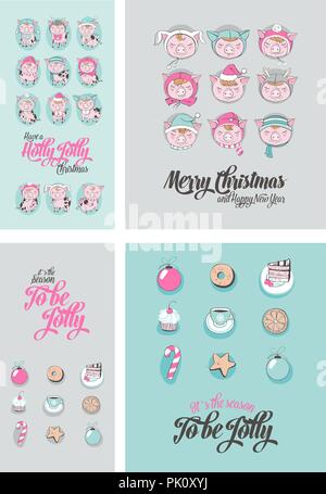 Jeu de caractères de dessin animé cochon mignon. Symbole chinois de l'année 2019. Bonne Année. Cute funny piggy illustration. Illustration de Vecteur