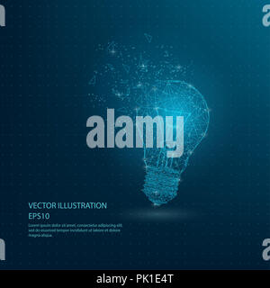 Ampoule lampe bleue dessinée numériquement faible poly wire frame sur fond bleu foncé. Résumé des lignes de connexion polygone avec triangle de la géométrie. Banque D'Images