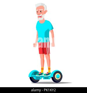 Vieil Homme Sur Hoverboard vecteur. Équitation sur Scooter Gyro. Activité en plein air. Scooter électrique 2 roues motrices Self-Balancing. Illustration isolé Illustration de Vecteur