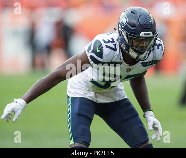 09 septembre 2018 : Seattle Seahawks Tre évoluait fleurs (37) au cours du troisième trimestre d'un match de la NFL entre les Seattle Seahawks et les Broncos de Denver Broncos at Mile High Stadium Denver CO, Scott D Stivason/Cal Sport Media Banque D'Images