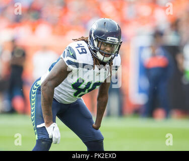 09 septembre 2018 : Seattle Seahawks linebacker Shaquem Griffin (49) au cours du troisième trimestre d'un match de la NFL entre les Seattle Seahawks et les Broncos de Denver Broncos at Mile High Stadium Denver CO, Scott D Stivason/Cal Sport Media Banque D'Images