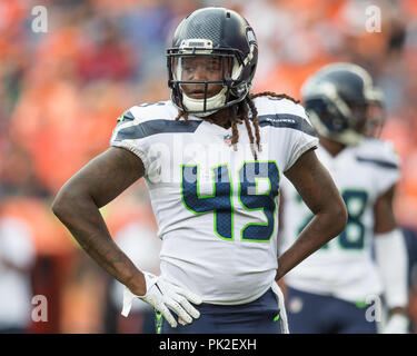 09 septembre 2018 : Seattle Seahawks linebacker Shaquem Griffin (49) au cours du troisième trimestre d'un match de la NFL entre les Seattle Seahawks et les Broncos de Denver Broncos at Mile High Stadium Denver CO, Scott D Stivason/Cal Sport Media Banque D'Images