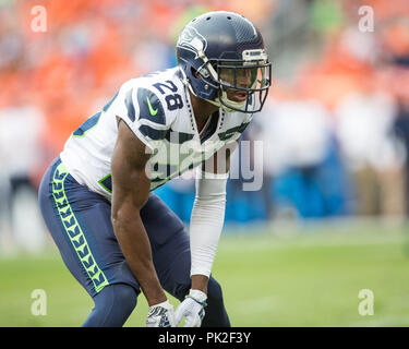 09 septembre 2018 : Seattle Seahawks Justin évoluait Coleman (28) au cours du troisième trimestre d'un match de la NFL entre les Seattle Seahawks et les Broncos de Denver Broncos at Mile High Stadium Denver CO, Scott D Stivason/Cal Sport Media Banque D'Images