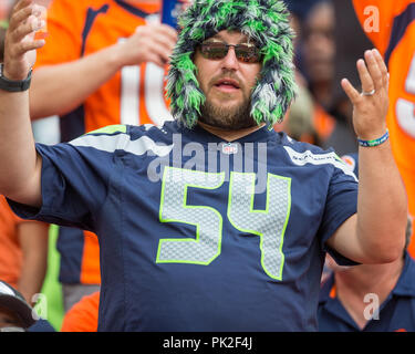 09 septembre 2018 : Seattle Seahawks fan au cours du troisième trimestre d'un match de la NFL entre les Seattle Seahawks et les Broncos de Denver Broncos at Mile High Stadium Denver CO, Scott D Stivason/Cal Sport Media Banque D'Images